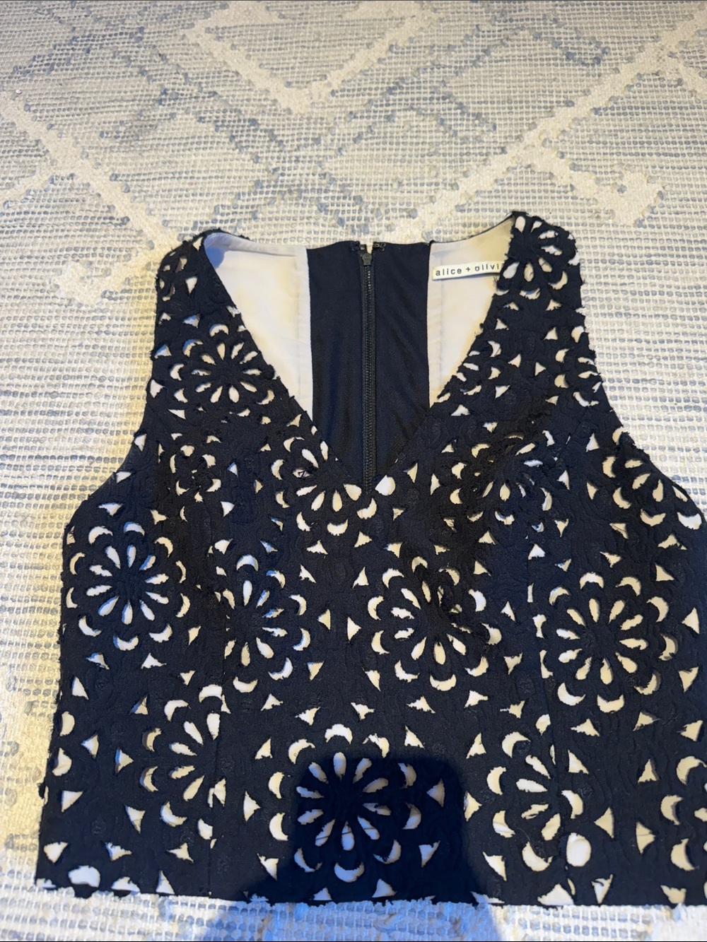 Alice + Olivia Navy Floral Laser-Cut Strapless back zip crop top